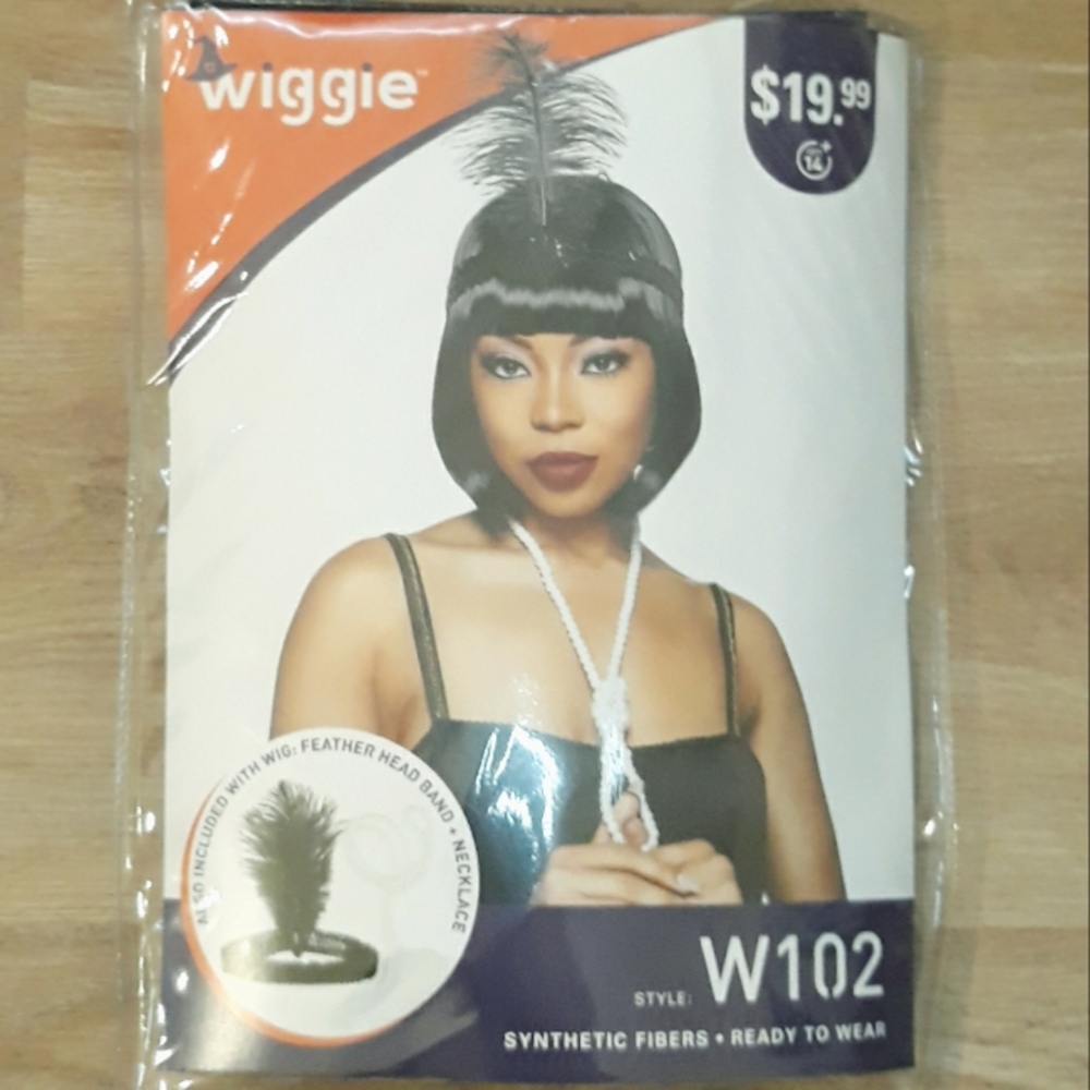 Wiggie Synthetic Costume Wig - Flapper Black Bob + Feather Head Band Necklace - Picture 10 of 11